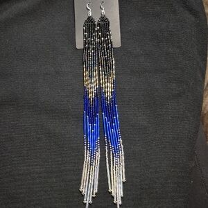 Beaded Dangle Earrings - Elegant Black, Blue, Silver
